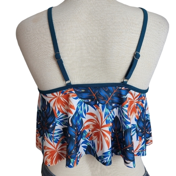Teal  Tropical Floral Print V - Neck Padded Bra Tankini Women's Swim Top Size L - Picture 2 of 5
